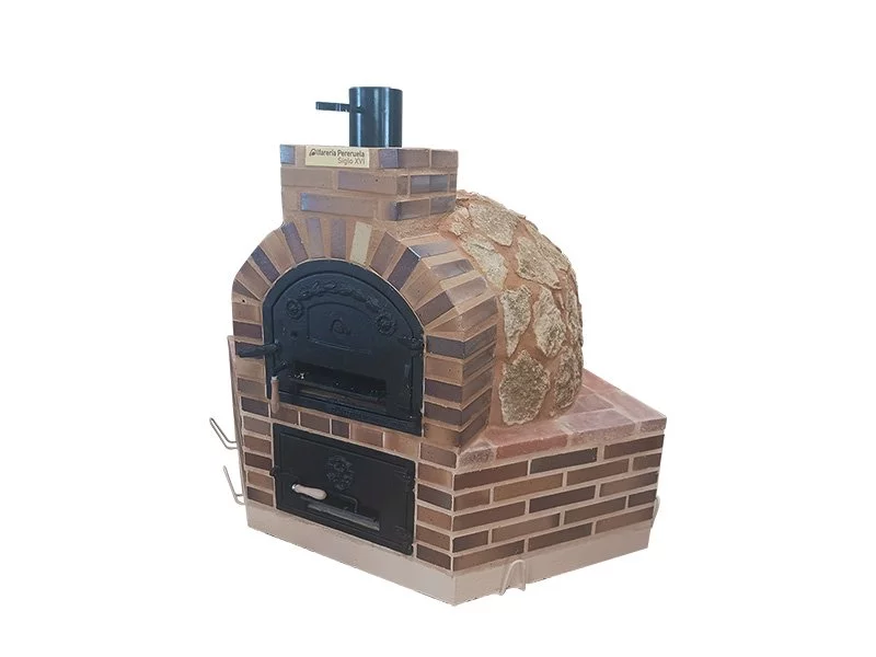 HORNO CON HORNILLA CUADRADA ESQUINADA EMBOCADURA LADRILLO CUERO TOSTADO ACABADO EN PIEDRA MEDITERRANEA