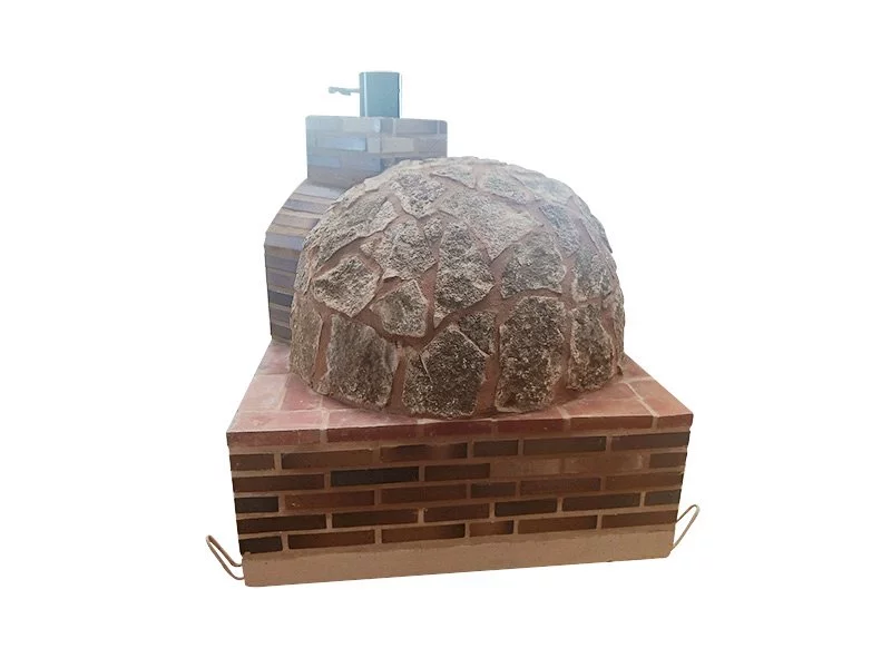 HORNO CON HORNILLA CUADRADA ESQUINADA EMBOCADURA LADRILLO CUERO TOSTADO ACABADO EN PIEDRA MEDITERRANEA