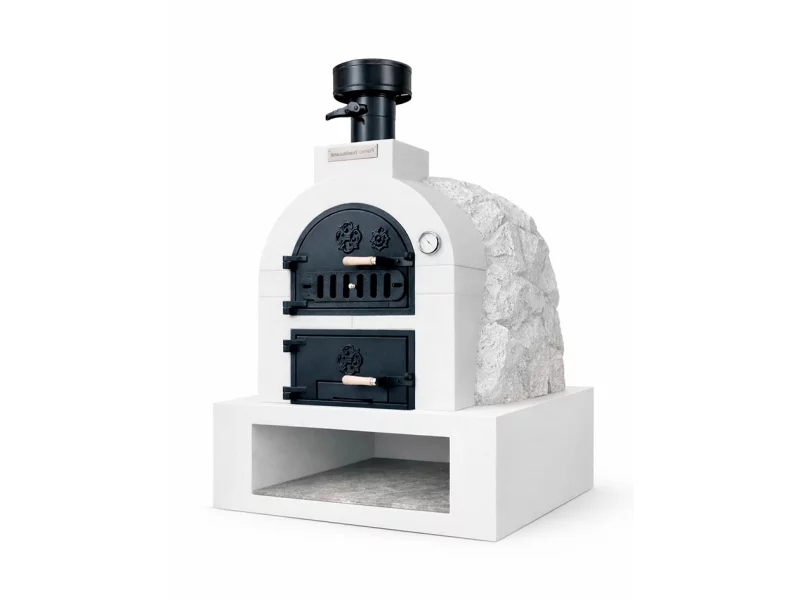 HORNO CON HORNILLA Y MESA INT. CUADRADA BAJA BLANCO LISO Y PIEDRA BLANCA NACAR