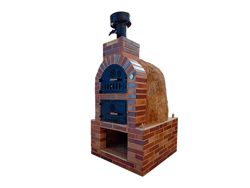 HORNO CON HORNILLA Y MESA INT. CUADRADA BAJA LADRIILO CUERO TOSTADO Y PIEDRA MEDITERRANEA
