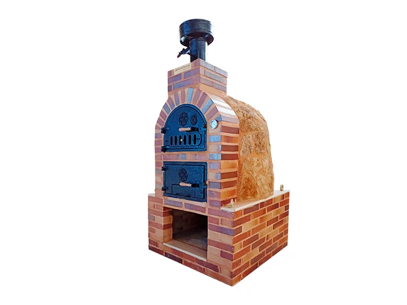 HORNO CON HORNILLA Y MESA INT. CUADRADA BAJA LADRIILO CUERO TOSTADO Y PIEDRA MEDITERRANEA