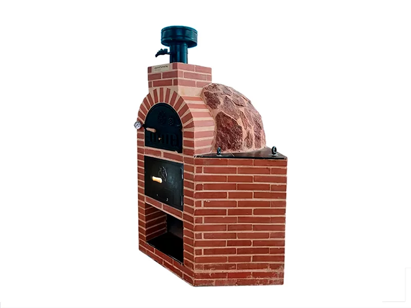 HORNO CON HORNILLA Y MESA INT. ESQ. LADRILLO ROJO LISO Y PIEDRA ROJA HISPANA