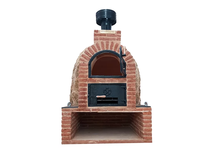 HORNO CON MESA CUADRADA EN LADRILLO ROJO ACABADA EN PIEDRA MEDITERRANEA