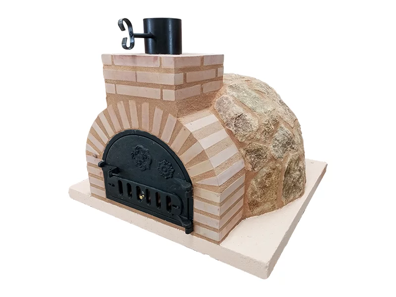 HORNO DE LEÑA EMBOCADURA LADRILLO BEIGE ACABADO EN PIEDRA MEDITERRANEA